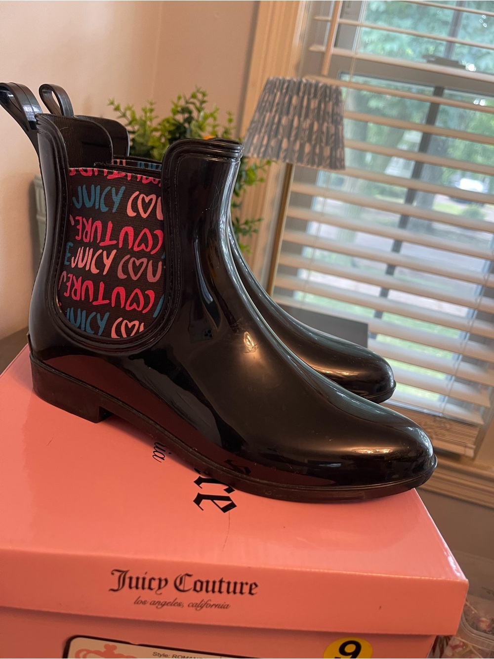 Juicy Couture Black Patent Chelsea Rain Boots with Colorful Logo Panel